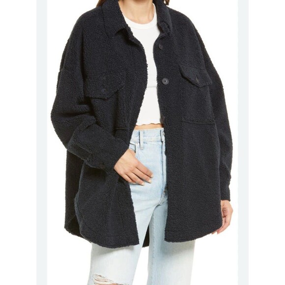 Good American 90's Contour Faux Shearling Jacket Oversized Midnight Blue 4xl 7/8 - Picture 2 of 12